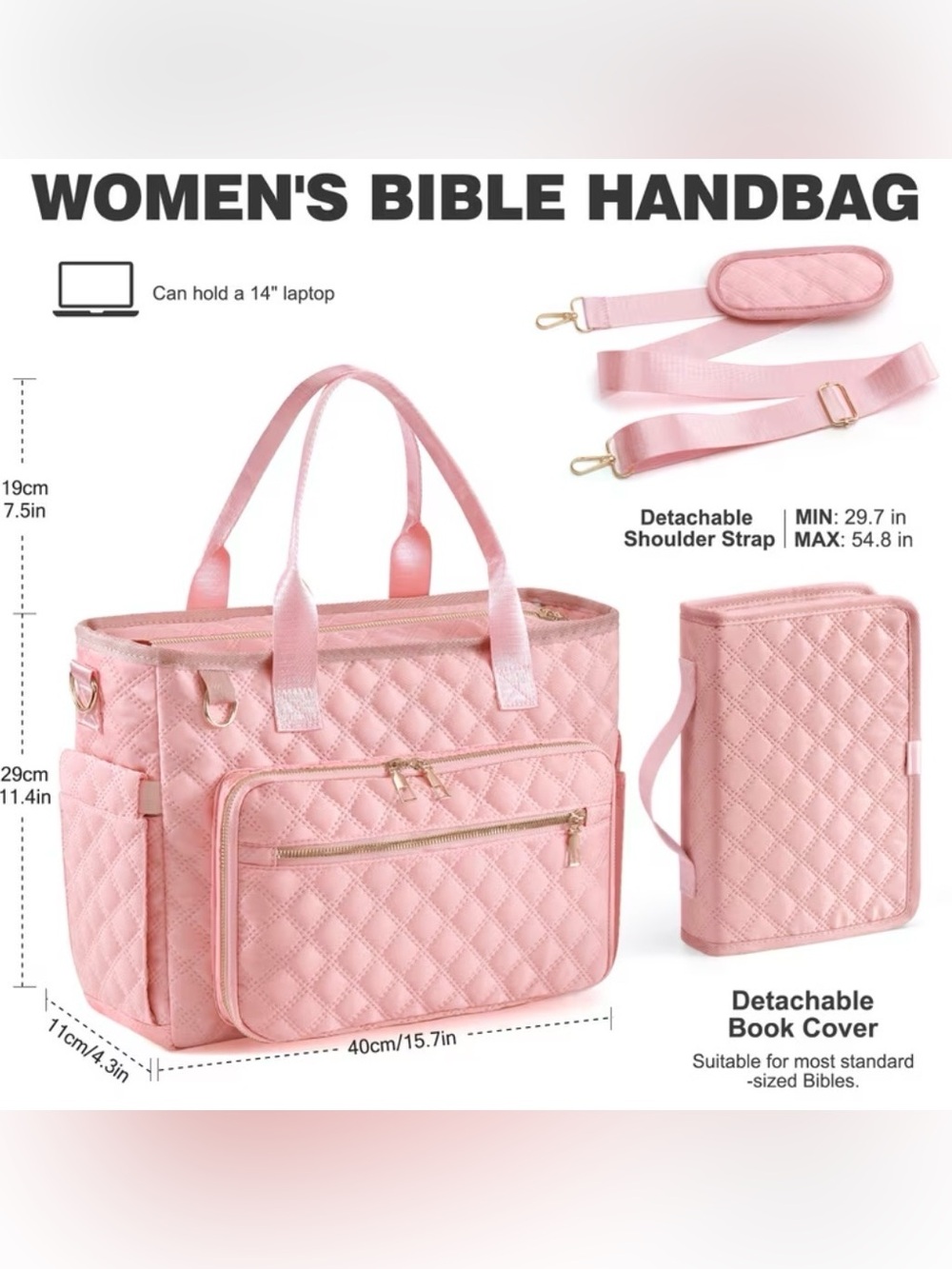 Pink Quilted Laptop Tote Handbag/Book Bag/Sewing Bag - Picture 2 of 8